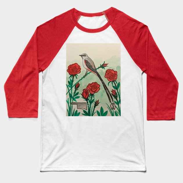 Oklahoma state bird and flower, the scissor-tailed flycatcher and rose Baseball T-Shirt by Matt Starr Fine Art